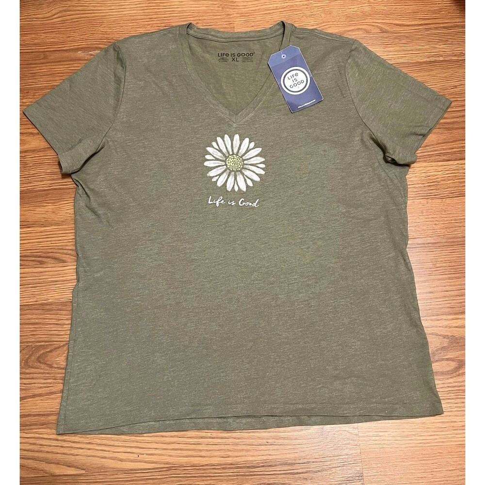 LIFE IS GOOD Olive Green Daisy Flower Graphic Vee Neck Soft Tee Shirt XL NWT